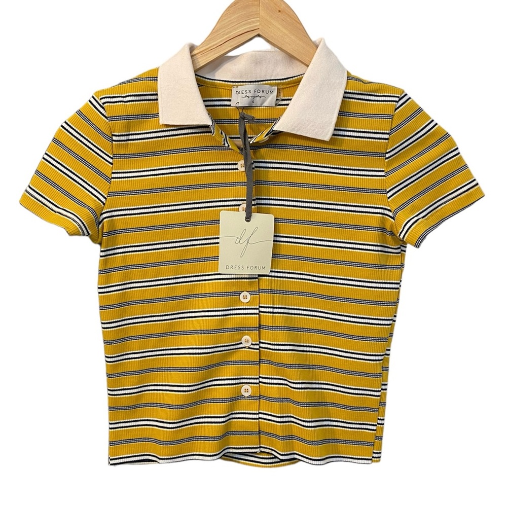 NWT Dress Forum Los Angeles Striped Cropped Button Up Top Shirt Polo Small